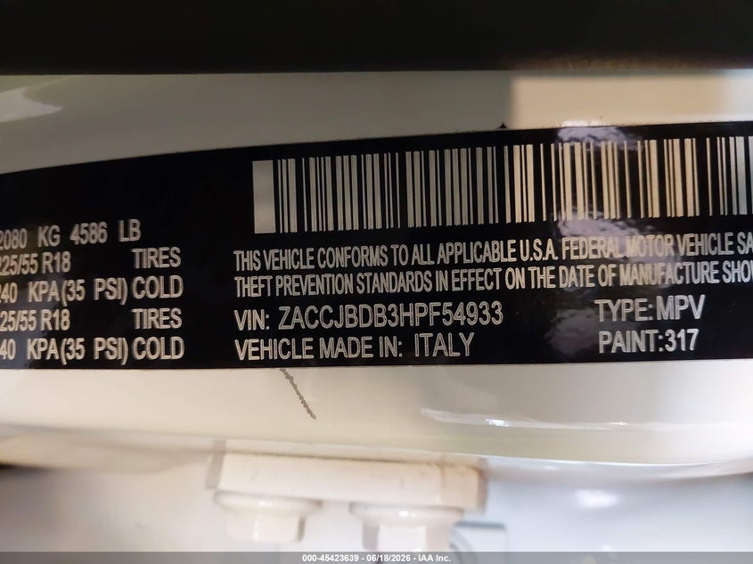 2017 Jeep Renegade VIN ZACCJBDB3HPF54933 IAAI salvage auction — FRONT END, Salvage Title, sold $700 on 2026-08-11 (photo 9)