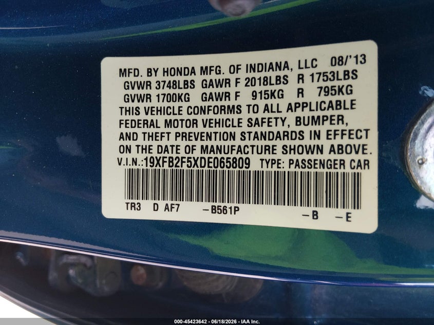 2013 Honda Civic VIN 19XFB2F5XDE065809 IAAI salvage auction — FRONT END, Salvage (Illinois), sold $1,450 on 2026-08-01 (photo 9)
