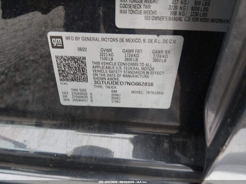 2022 Gmc SIERRA VIN 3GTUUDED7NG662816 IAAI salvage auction — FRONT END, Salvage Title, sold $16,600 on 2026-07-22 (photo 9)