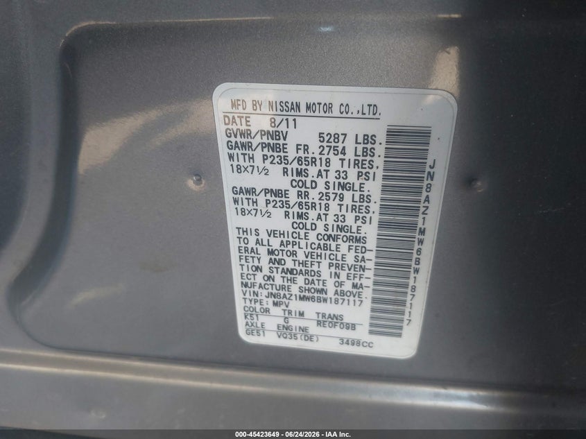 2011 Nissan Murano VIN JN8AZ1MW6BW187117 IAAI salvage auction — RIGHT FRONT, Salvage (Pennsylvania), sold $25 on 2026-07-10 (photo 9)