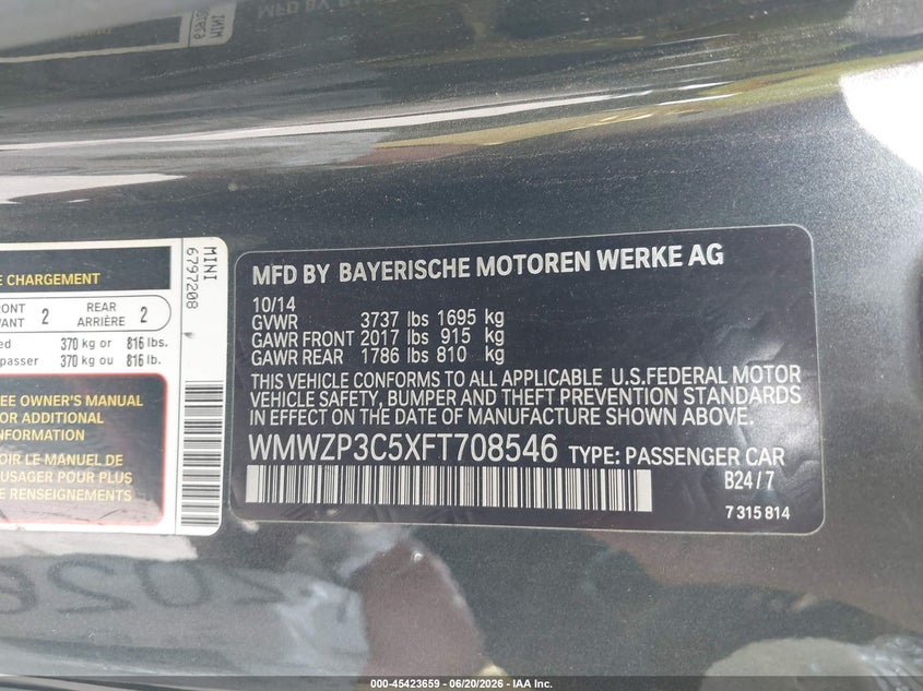 2015 Mini Convertible VIN WMWZP3C5XFT708546 IAAI salvage auction — FRONT END, Salvage Title, sold $1,150 on 2026-08-26 (photo 9)
