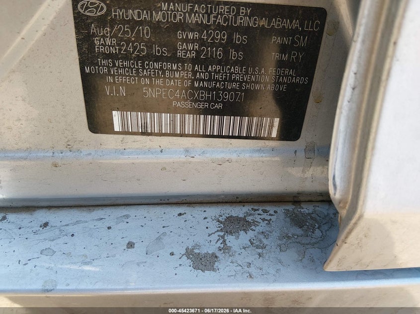 2011 Hyundai Sonata VIN 5NPEC4ACXBH139071 IAAI salvage auction — NORMAL WEAR, Clear-Dealer Only (Arizona), sold $325 on 2026-07-28 (photo 9)