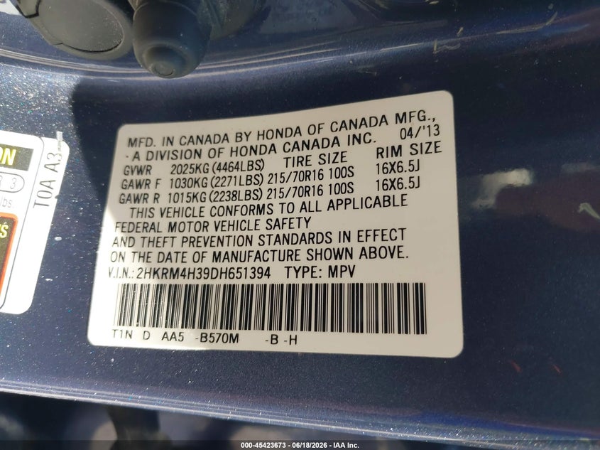2013 Honda Cr-v VIN 2HKRM4H39DH651394 IAAI salvage auction — FRONT END, Salvage Title, sold $1,750 on 2026-08-24 (photo 9)