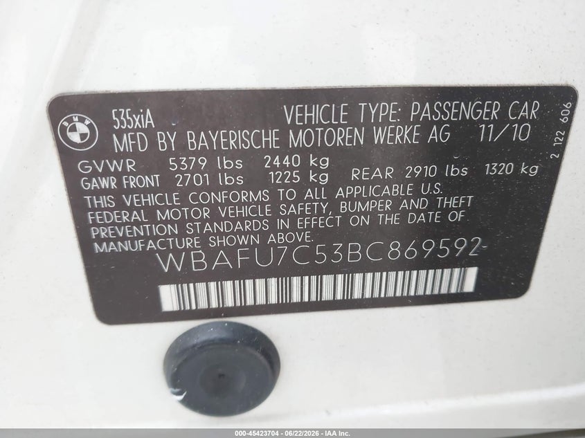 2011 BMW 5 series VIN WBAFU7C53BC869592 IAAI salvage auction — TRANSMISSION, Salvage (Georgia), sold $800 on 2026-07-17 (photo 9)