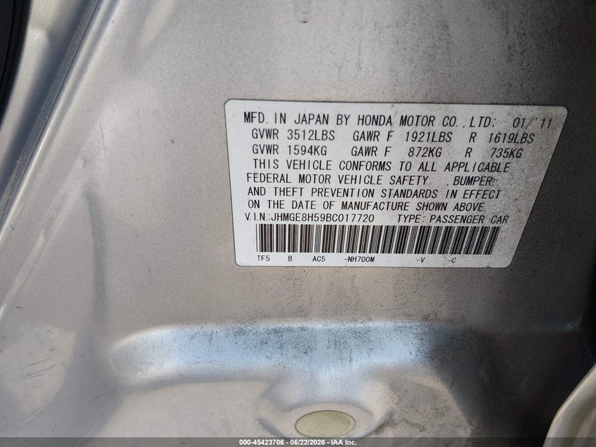 2011 Honda Fit VIN JHMGE8H59BC017720 IAAI salvage auction — LEFT FRONT, Salvage Certificate (California), sold $650 on 2026-07-10 (photo 9)