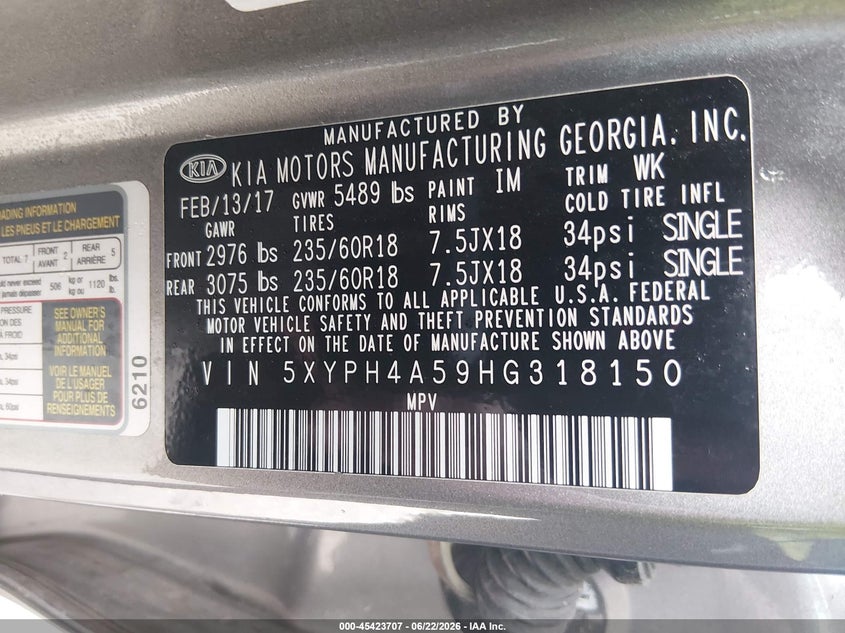 2017 Kia Sorento VIN 5XYPH4A59HG318150 IAAI salvage auction — NORMAL WEAR, Clear (Indiana), sold $2,100 on 2026-07-21 (photo 9)