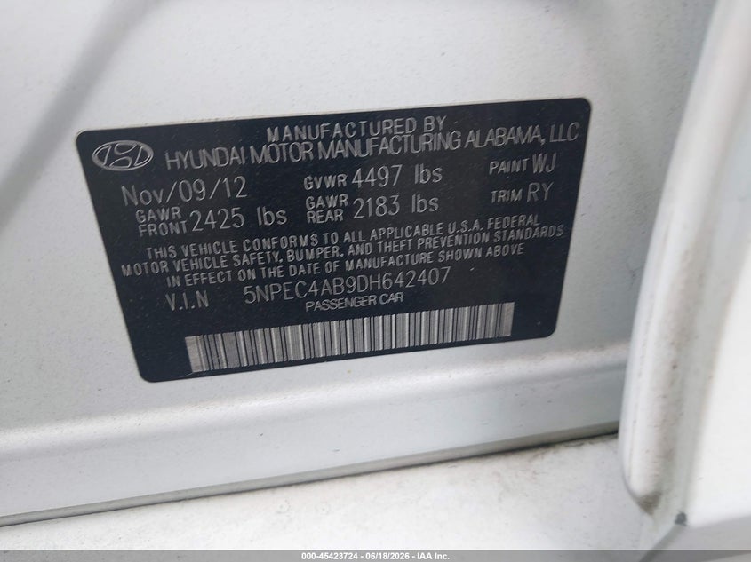 2013 Hyundai Sonata VIN 5NPEC4AB9DH642407 IAAI salvage auction — NORMAL WEAR, Clear (North Carolina), sold $325 on 2026-07-30 (photo 9)