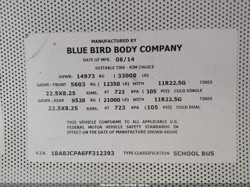 2015 Blue bird School bus / transit bus VIN 1BABJCPA6FF312393 IAAI salvage auction — NORMAL WEAR, Sf97 (Washington), sold $7,100 on 2026-07-29 (photo 9)