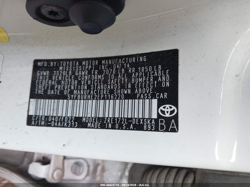 2014 Toyota Corolla VIN 5YFBURHE2EP116220 IAAI salvage auction — WATER/FLOOD, Clear (Arkansas), sold $1,475 on 2026-07-20 (photo 9)