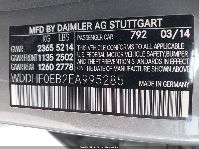 2014 Mercedes-benz E-klasse VIN WDDHF0EB2EA995285 IAAI salvage auction — FRONT END, Salvage Title, sold $1,250 on 2026-08-19 (photo 9)
