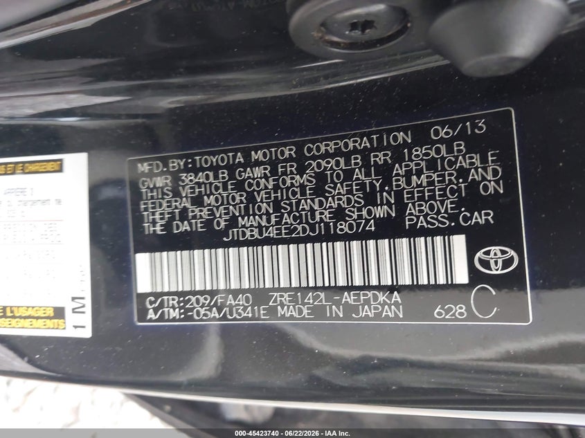 2013 Toyota Corolla VIN JTDBU4EE2DJ118074 IAAI salvage auction — SIDE, Wait Title, sold $25 on 2026-07-31 (photo 9)