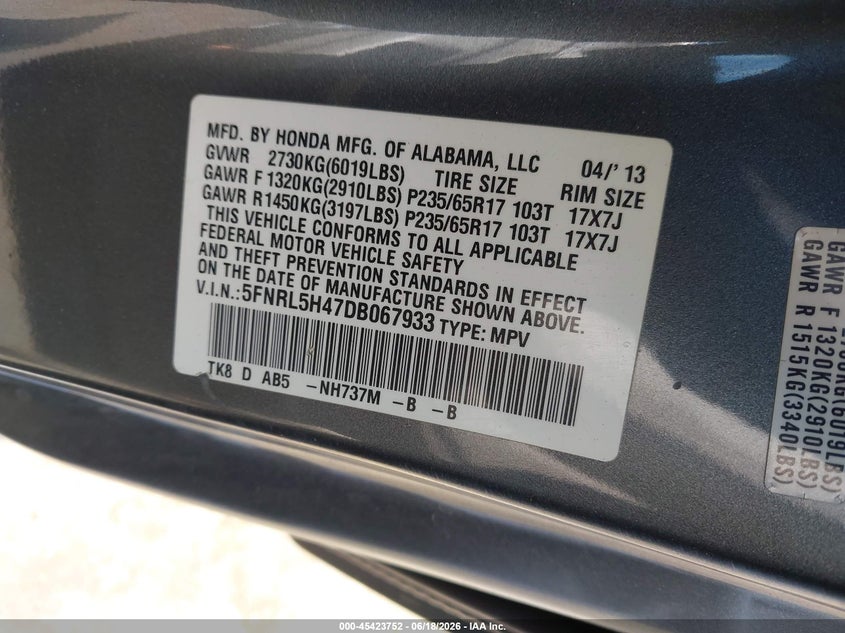 2013 Honda Odyssey VIN 5FNRL5H47DB067933 IAAI salvage auction — FRONT END, Salvage Title, sold $1,400 on 2026-07-26 (photo 9)