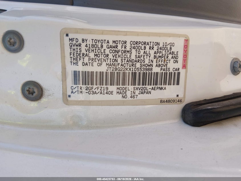 2001 Toyota Camry VIN JT2BG22KX10553988 IAAI salvage auction — RIGHT FRONT, Salvage (Arizona), sold $1,050 on 2026-07-09 (photo 9)