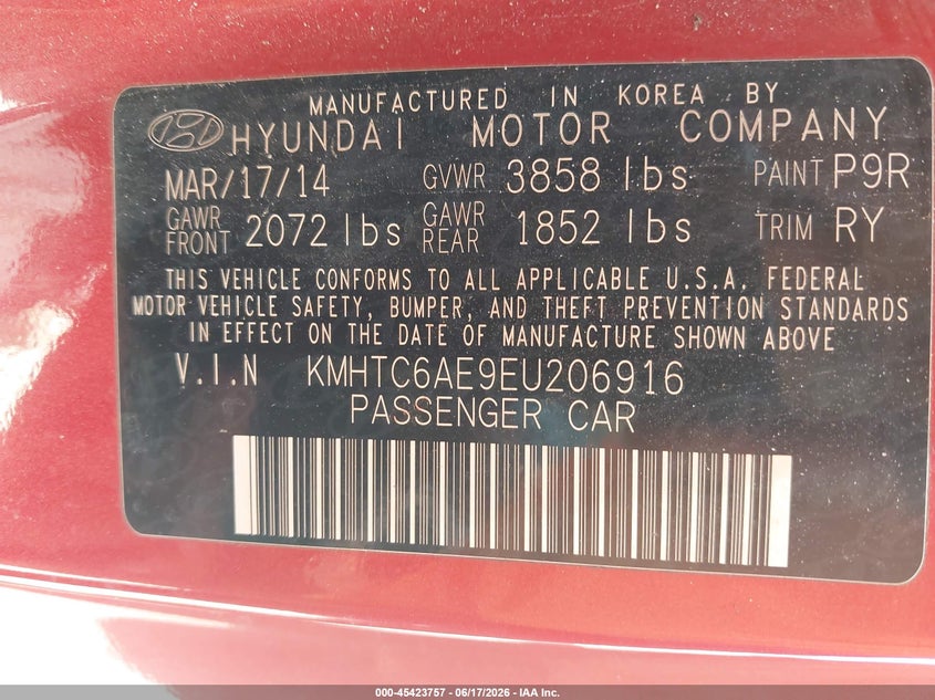 2014 Hyundai Veloster VIN KMHTC6AE9EU206916 IAAI salvage auction — HAIL, Original (Texas), sold $725 on 2026-07-13 (photo 9)