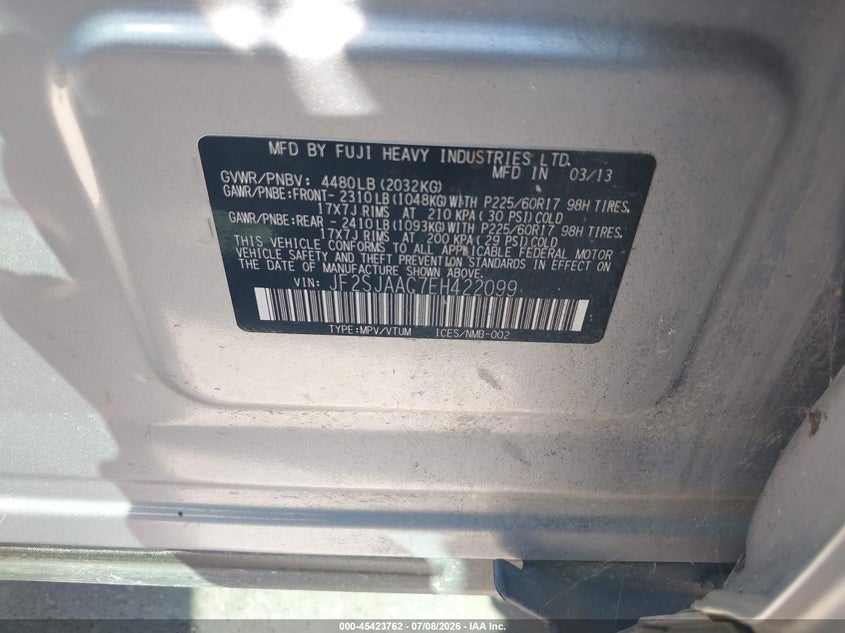 2014 Subaru Forester VIN JF2SJAAC7EH422099 IAAI salvage auction — NORMAL WEAR, Original (Texas), sold $1,350 on 2026-08-02 (photo 9)