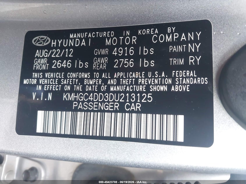2013 Hyundai Genesis VIN KMHGC4DD3DU213125 IAAI salvage auction — FRONT END, Salvage (Georgia), sold $1,300 on 2026-07-09 (photo 9)