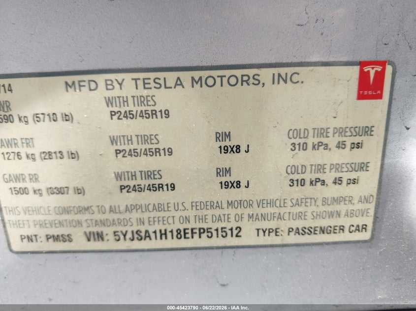 2014 Tesla Model s VIN 5YJSA1H18EFP51512 IAAI salvage auction — FRONT END, Salvage Title, sold $2,775 on 2026-08-01 (photo 9)