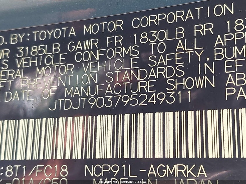 2009 Toyota Yaris VIN JTDJT903795249311 IAAI salvage auction — BIOHAZARD/CHEMICAL, Clear (Virginia), sold $200 on 2026-07-28 (photo 9)
