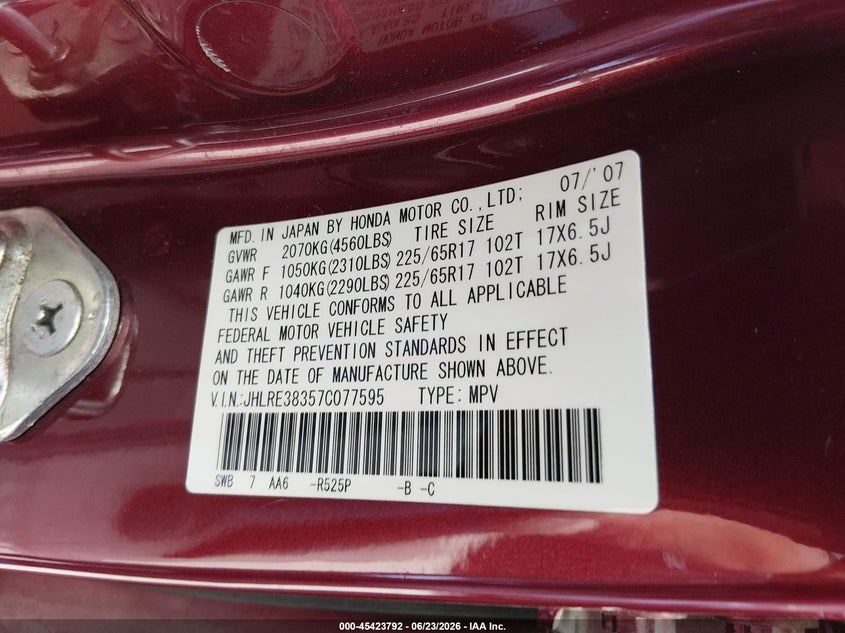 2007 Honda Cr-v VIN JHLRE38357C077595 IAAI salvage auction — NORMAL WEAR, Nrc Lienholder Repossession Paperwork (Texas), sold $1,275 on 2026-07-20 (photo 9)