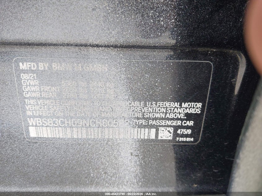 2022 BMW M5 VIN WBS83CH09NCH80582 IAAI salvage auction — FRONT & REAR, Salvage (Texas), sold $15,200 on 2026-07-27 (photo 9)