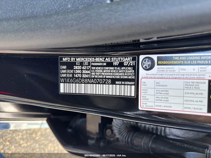 2022 Mercedes-benz S class VIN W1K6G6DB8NA070728 IAAI salvage auction — NORMAL WEAR, Clear (Virginia), sold $42,900 on 2026-07-24 (photo 9)