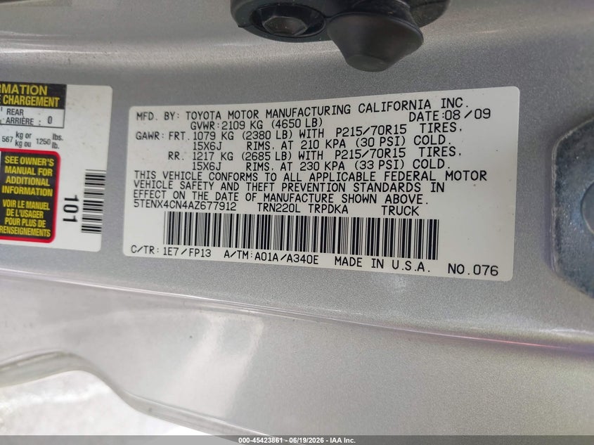 2010 Toyota Tacoma VIN 5TENX4CN4AZ677912 IAAI salvage auction — FRONT END, Salvage (Tennessee), sold $1,750 on 2026-07-18 (photo 9)
