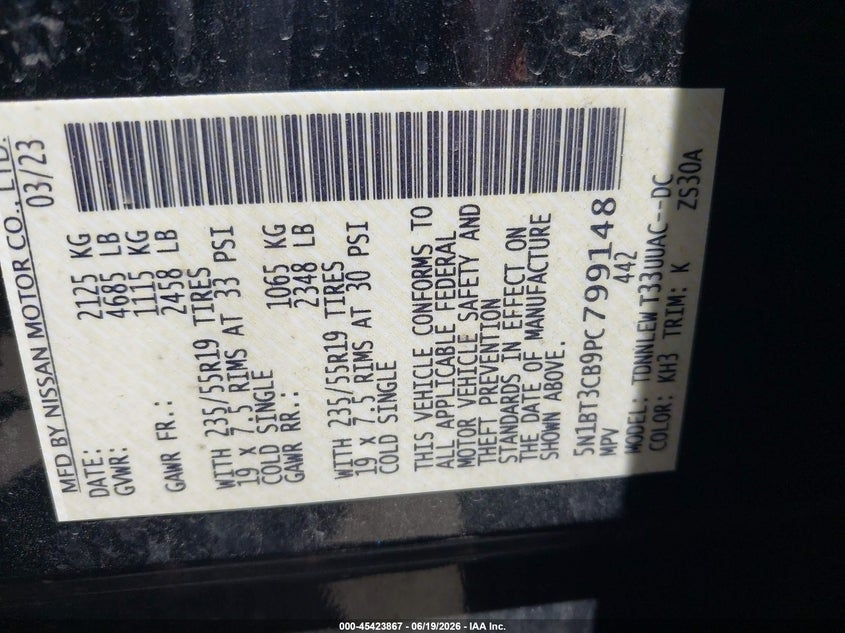 2023 Nissan Rogue VIN 5N1BT3CB9PC799148 IAAI salvage auction — HAIL, Salvage Title, sold $9,975 on 2026-07-28 (photo 9)