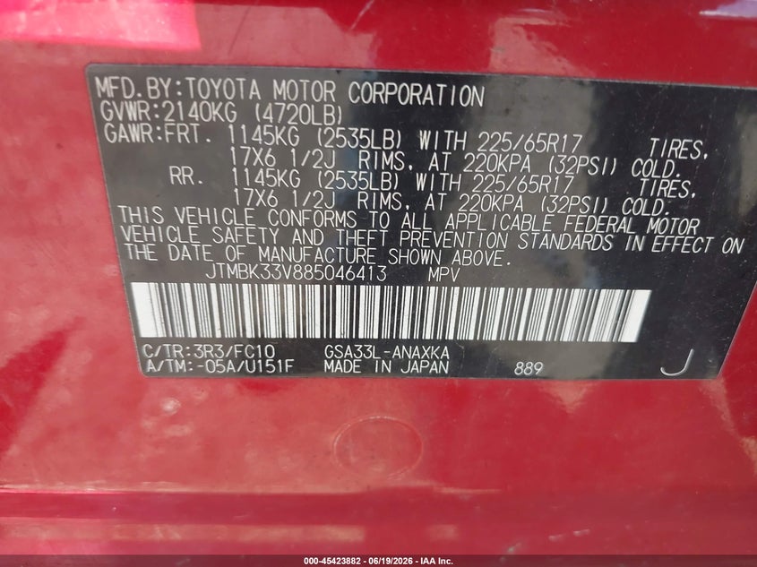2008 Toyota Rav4 VIN JTMBK33V885046413 IAAI salvage auction — FRONT END, Clear (Indiana), sold $625 on 2026-07-17 (photo 9)