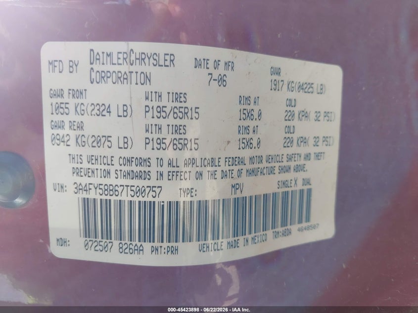 2007 Chrysler Pt cruiser VIN 3A4FY58B67T500757 IAAI salvage auction — NORMAL WEAR, Clear-Endorsement (Wisconsin), sold $350 on 2026-07-09 (photo 9)