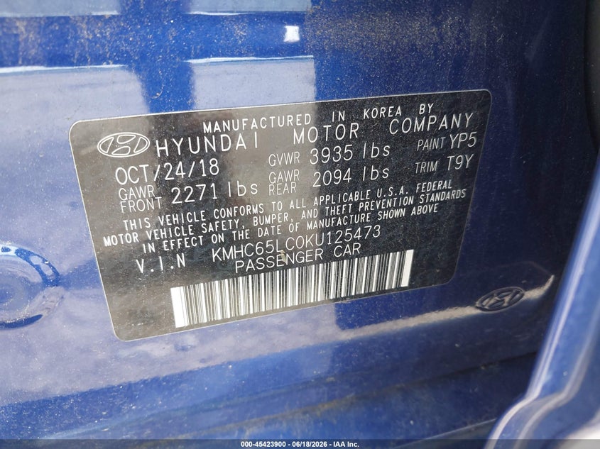 2019 Hyundai Ioniq VIN KMHC65LC0KU125473 IAAI salvage auction — FRONT END, Salvage (Georgia), sold $1,700 on 2026-07-16 (photo 9)