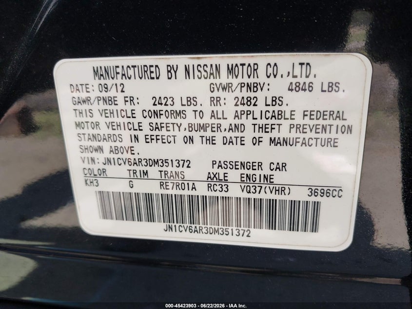 2013 Infiniti VIN JN1CV6AR3DM351372 IAAI salvage auction — FRONT END, Salvage (Idaho), sold $925 on 2026-07-09 (photo 9)