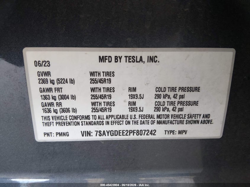 2023 Tesla Model y VIN 7SAYGDEE2PF807242 IAAI salvage auction — FRONT END, Bill Of Sale (Washington), sold $10,200 on 2026-07-11 (photo 9)