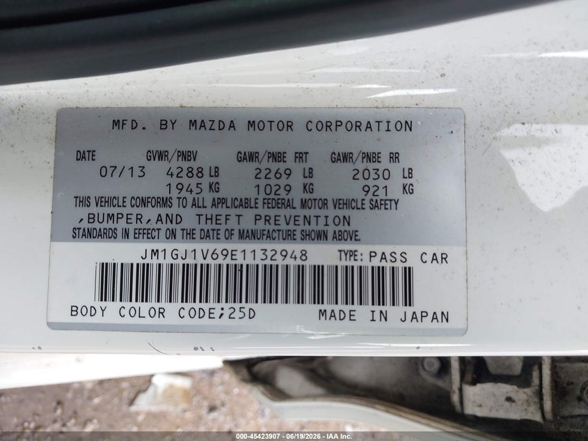 2014 Mazda 6 VIN JM1GJ1V69E1132948 IAAI salvage auction — NORMAL WEAR, Clear (Georgia), sold $1,150 on 2026-07-17 (photo 9)