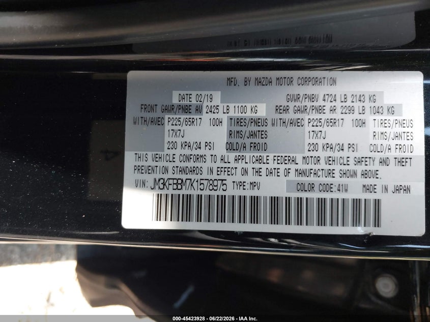 2019 Mazda Cx-5 VIN JM3KFBBM7K1578975 IAAI salvage auction — FRONT END, Salvage (Virginia), sold $3,050 on 2026-07-28 (photo 9)