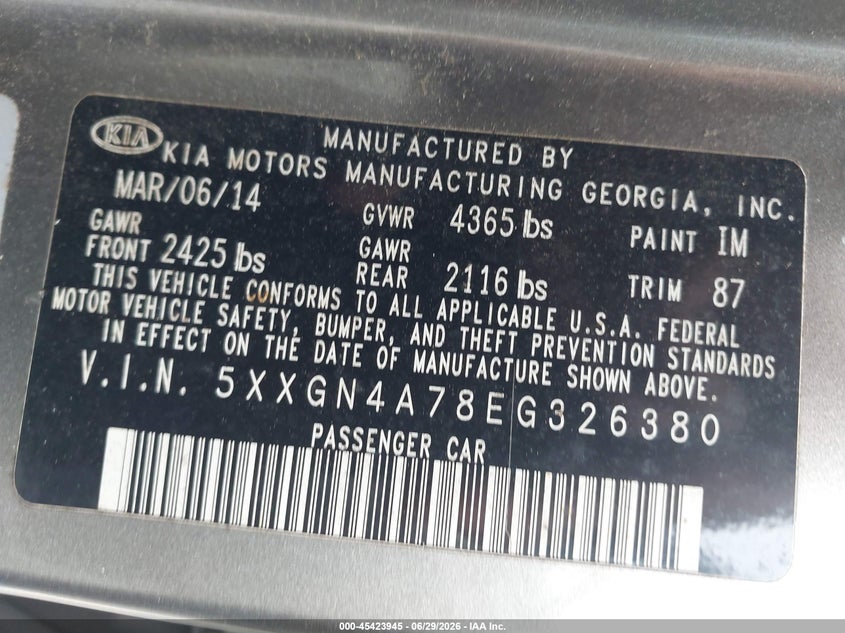2014 Kia Optima VIN 5XXGN4A78EG326380 IAAI salvage auction — FRONT END, Salvage (North Carolina), sold $350 on 2026-07-22 (photo 9)