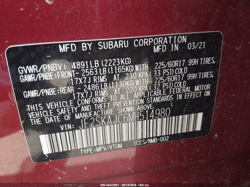 2021 Subaru Forester VIN JF2SKAJC6MH514980 IAAI salvage auction — FRONT END, Salvage (North Carolina), sold $4,550 on 2026-07-16 (photo 9)
