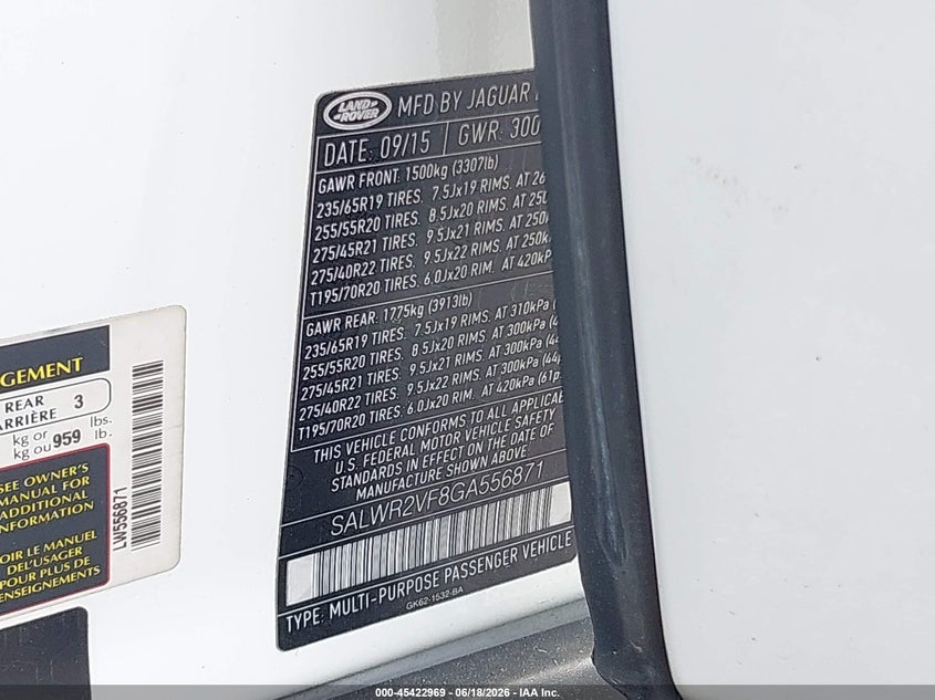 2016 Land rover Range rover sport VIN SALWR2VF8GA556871 IAAI salvage auction — NORMAL WEAR, Clear (North Carolina), sold $6,700 on 2026-07-23 (photo 9)