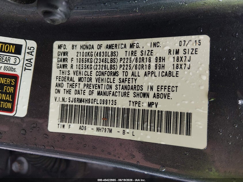 2015 Honda Cr-v VIN 5J6RM4H90FL099135 IAAI salvage auction — LEFT SIDE, Salvage (North Carolina), sold $6,300 on 2026-07-24 (photo 9)