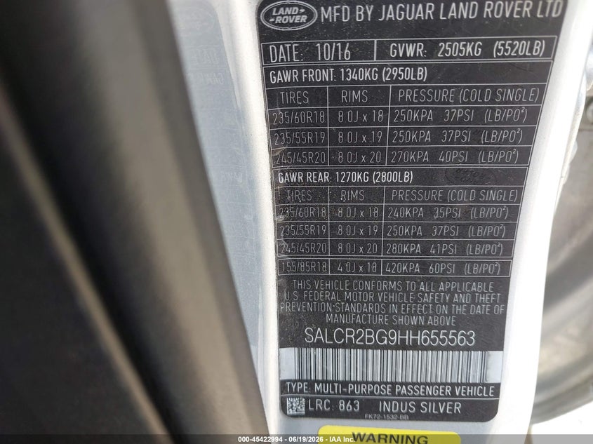 2017 Land rover Discovery sport VIN SALCR2BG9HH655563 IAAI salvage auction — FRONT END, Salvage (Georgia), sold $1,525 on 2026-07-16 (photo 9)