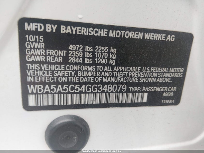 2016 BMW 5er VIN WBA5A5C54GG348079 IAAI salvage auction — FRONT END, Salvage (South Carolina), sold $2,800 on 2026-07-24 (photo 9)