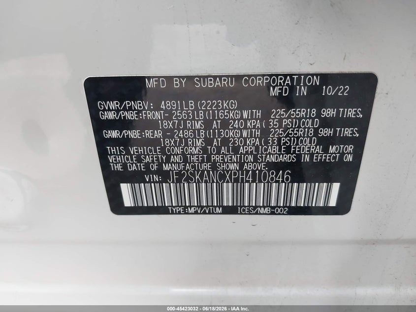 2023 Subaru Forester VIN JF2SKANCXPH410846 IAAI salvage auction — FRONT END, Salvage Title, sold $7,500 on 2026-07-29 (photo 9)