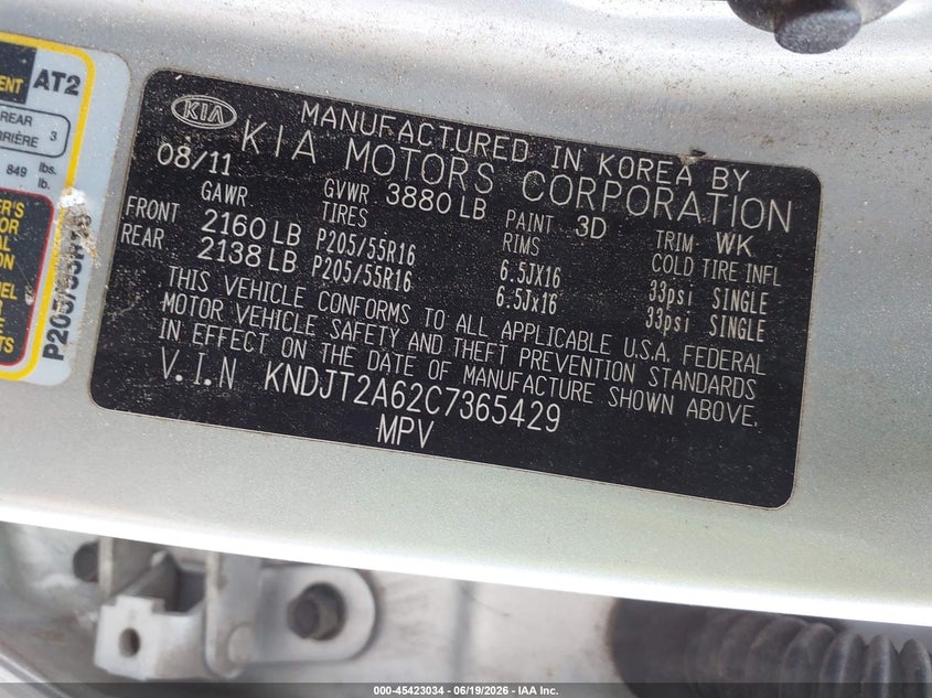 2012 Kia Soul VIN KNDJT2A62C7365429 IAAI salvage auction — NORMAL WEAR, Clear (New Jersey), sold $625 on 2026-07-09 (photo 9)