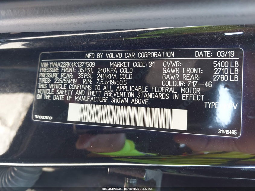 2019 Volvo Xc60 VIN YV4A22RK4K1371509 IAAI salvage auction — FRONT END, Salvage (California), sold $6,275 on 2026-07-20 (photo 9)