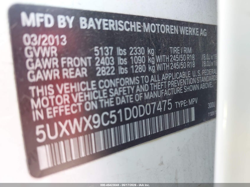 2013 BMW X3 VIN 5UXWX9C51D0D07475 IAAI salvage auction — NORMAL WEAR, Clear-Dealer Only (Arizona), sold $300 on 2026-07-21 (photo 9)