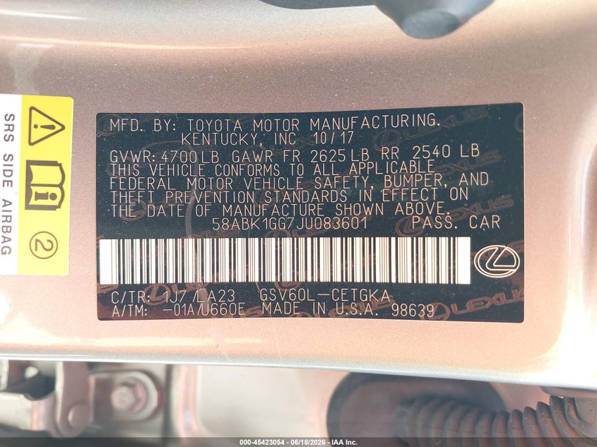 2018 Lexus ES VIN 58ABK1GG7JU083601 IAAI salvage auction — FRONT & REAR, Salvage (Texas), sold $2,650 on 2026-07-11 (photo 9)