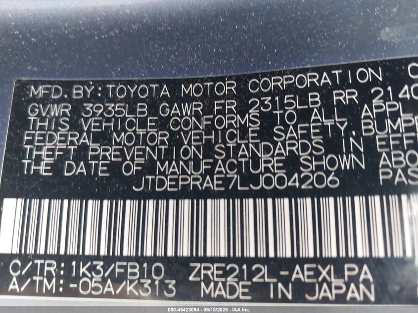 2020 Toyota Corolla VIN JTDEPRAE7LJ004206 IAAI salvage auction — FRONT END, Salvage Title, sold $3,150 on 2026-07-26 (photo 9)
