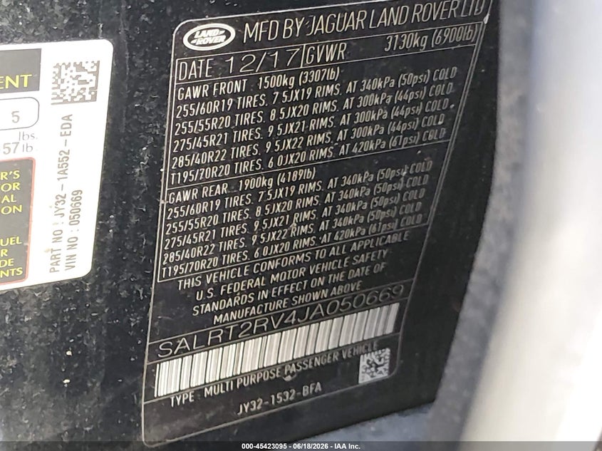 2018 Land rover Discovery VIN SALRT2RV4JA050669 IAAI salvage auction — FRONT END, Salvage Title, sold $10,350 on 2026-07-15 (photo 9)