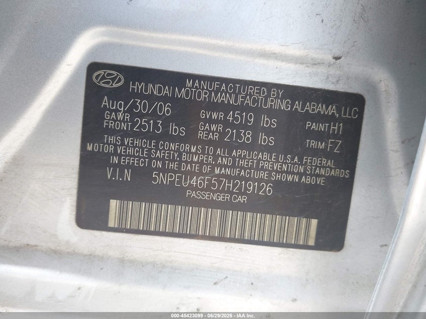 2007 Hyundai Sonata VIN 5NPEU46F57H219126 IAAI salvage auction — NORMAL WEAR, Clear (Texas), sold $25 on 2026-07-16 (photo 9)