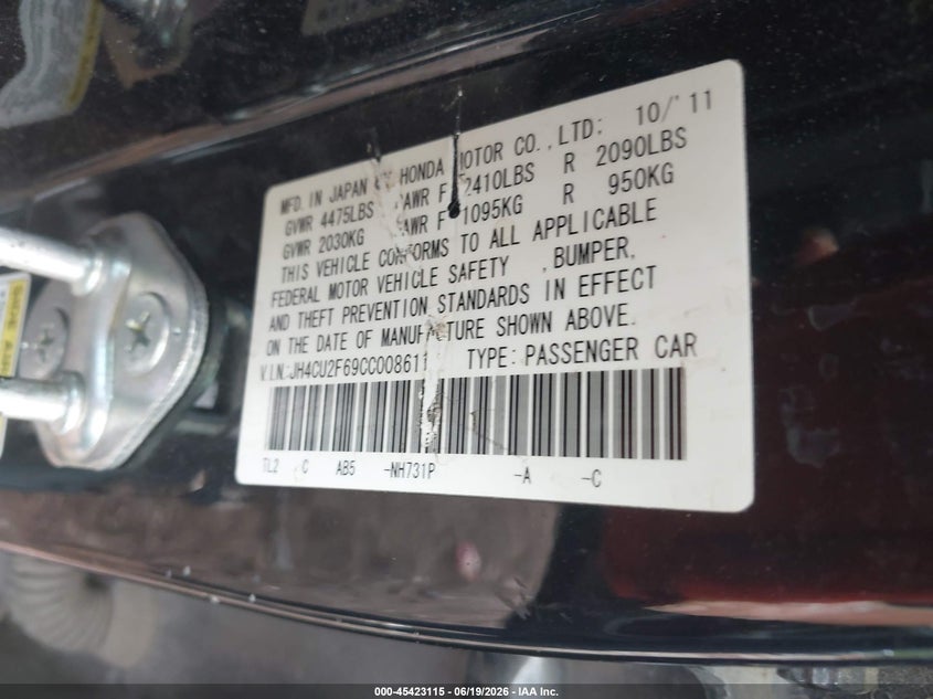 2012 Acura Tsx VIN JH4CU2F69CC008611 IAAI salvage auction — FRONT END, Salvage (Alabama), sold $25 on 2026-07-08 (photo 9)