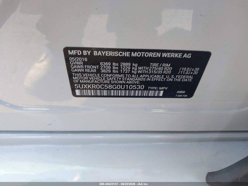 2016 BMW X5 VIN 5UXKR0C58G0U10530 IAAI salvage auction — FRONT END, Salvage Title, sold $3,250 on 2026-07-24 (photo 9)